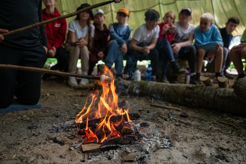 group toasting marshmallows on residential
