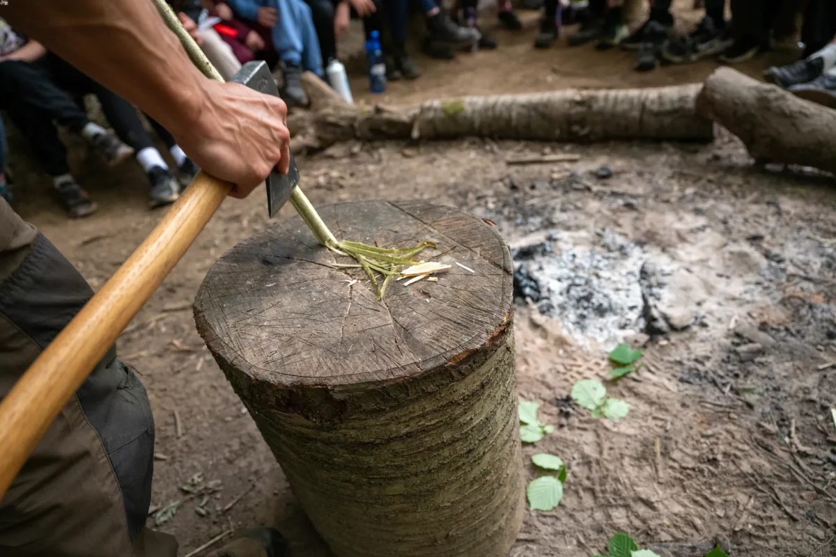 Bushcraft on a residential school trip closeup