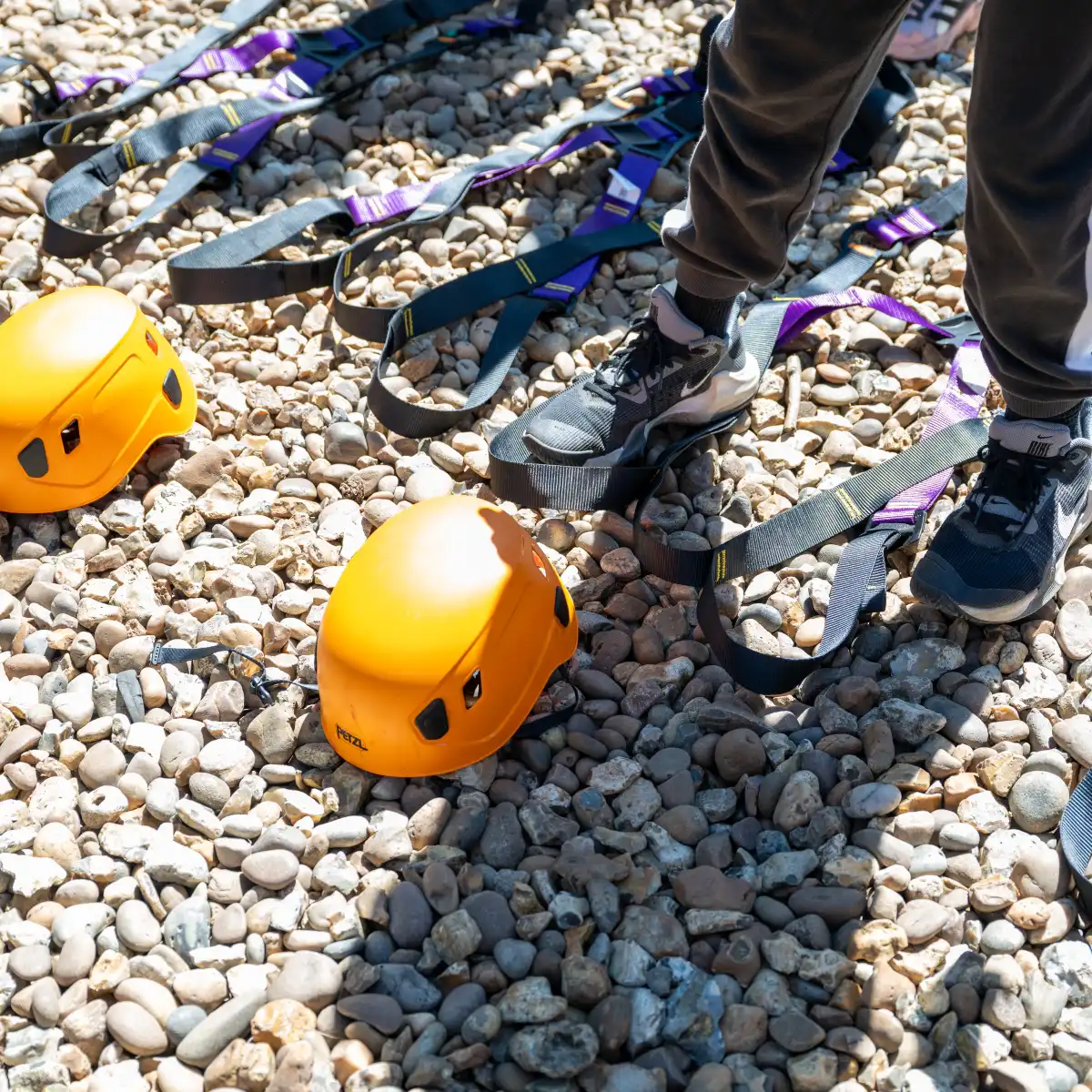 Climbing helmets on the ground